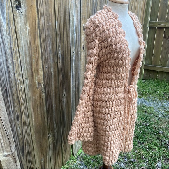 Vintage chunky knit sweater duster coat pale peach bell sleeves XS S - Picture 6 of 15